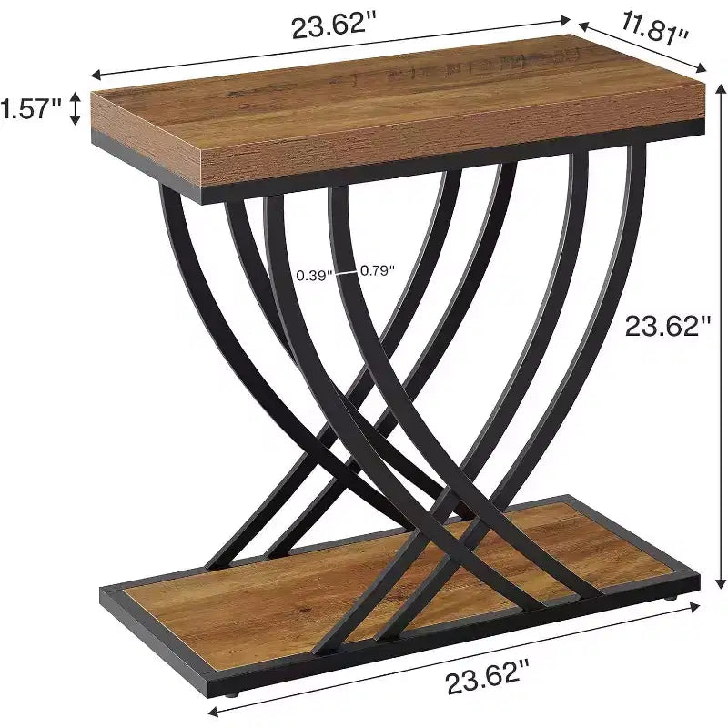 2-Tier Narrow Side Table with Metal Frame, Industrial Nightstand for Bedroom and Small Spaces, Rustic Brown