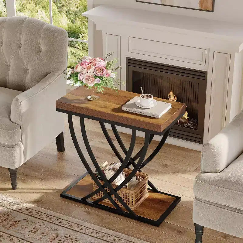 2-Tier Narrow Side Table with Metal Frame, Industrial Nightstand for Bedroom and Small Spaces, Rustic Brown