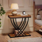 2-Tier Narrow Side Table with Metal Frame, Industrial Nightstand for Bedroom and Small Spaces, Rustic Brown