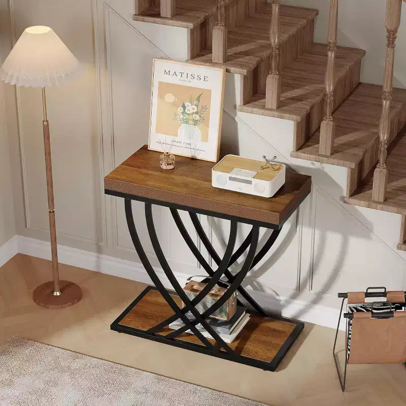 2-Tier Narrow Side Table with Metal Frame, Industrial Nightstand for Bedroom and Small Spaces, Rustic Brown
