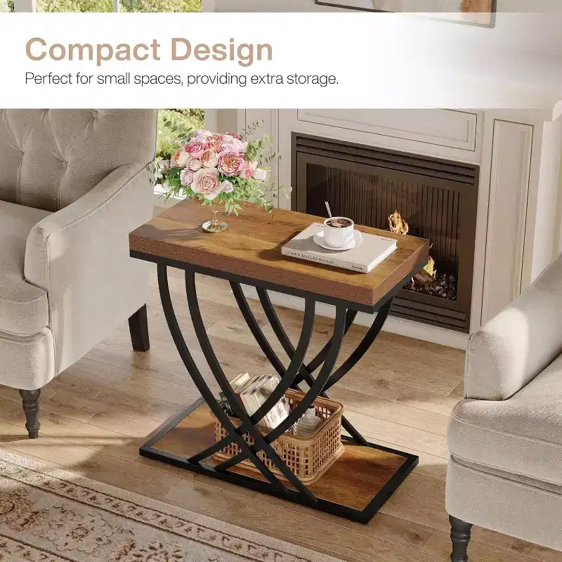 2-Tier Narrow Side Table with Metal Frame, Industrial Nightstand for Bedroom and Small Spaces, Rustic Brown