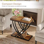 2-Tier Narrow Side Table with Metal Frame, Industrial Nightstand for Bedroom and Small Spaces, Rustic Brown