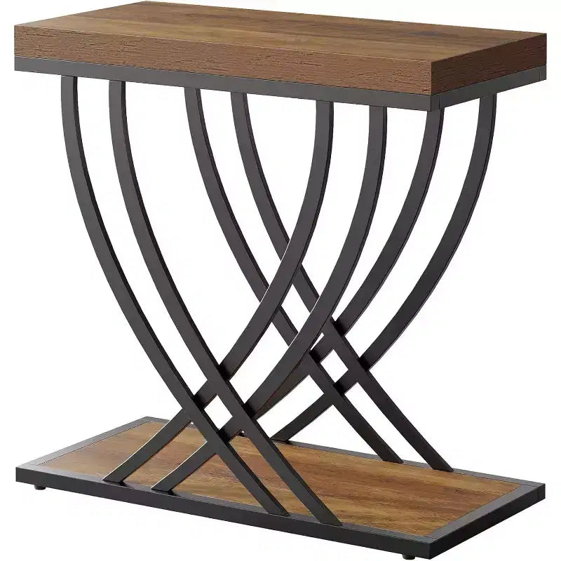 2-Tier Narrow Side Table with Metal Frame, Industrial Nightstand for Bedroom and Small Spaces, Rustic Brown