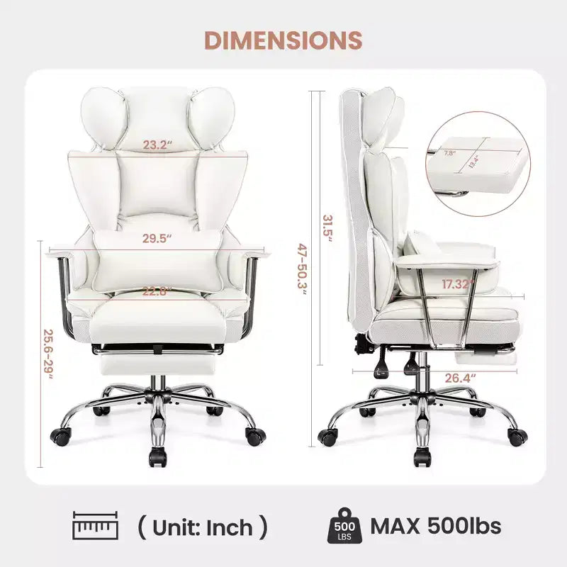 Executive Office Chair with Footrest, Ergonomic High Back, Reclining, White
