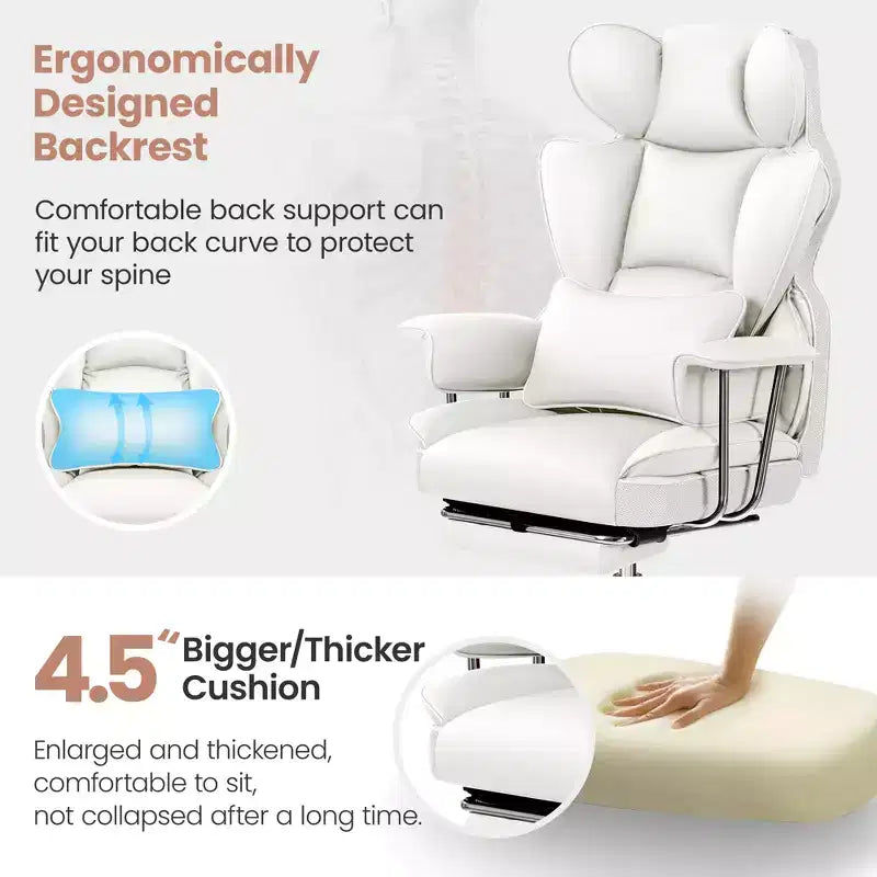 Executive Office Chair with Footrest, Ergonomic High Back, Reclining, White