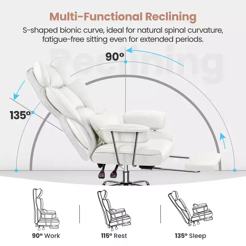 Executive Office Chair with Footrest, Ergonomic High Back, Reclining, White