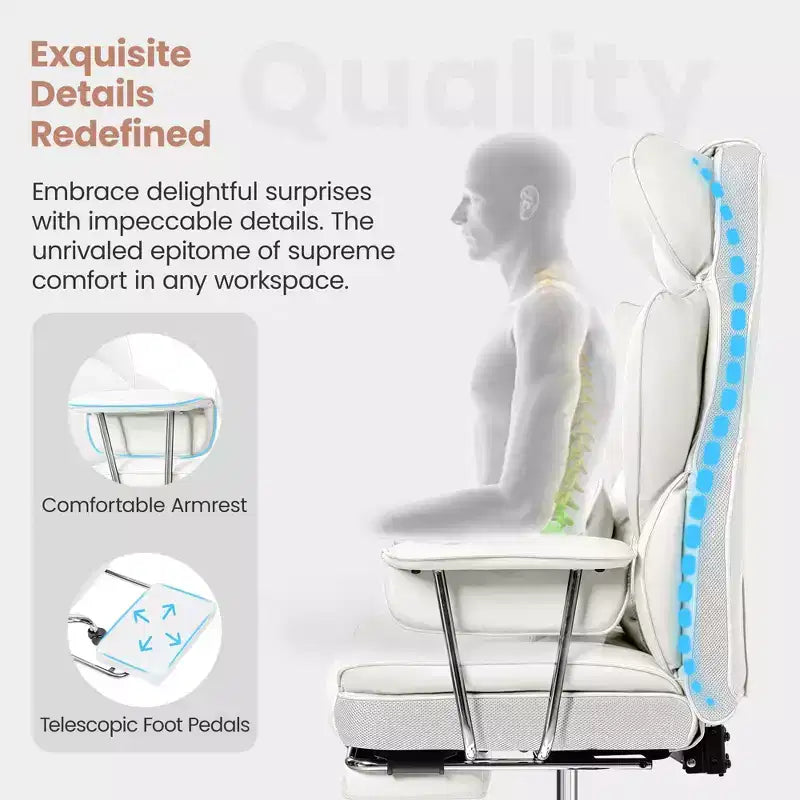 Executive Office Chair with Footrest, Ergonomic High Back, Reclining, White