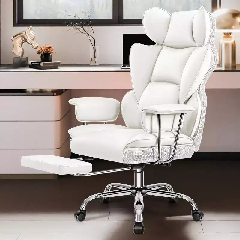 Executive Office Chair with Footrest, Ergonomic High Back, Reclining, White