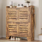 Acekool Farmhouse Slim Shoe Cabinet - 2 Flip Drawers & Hooks for Entryway, Louvered Rustic Brown Organizer Fits Narrow