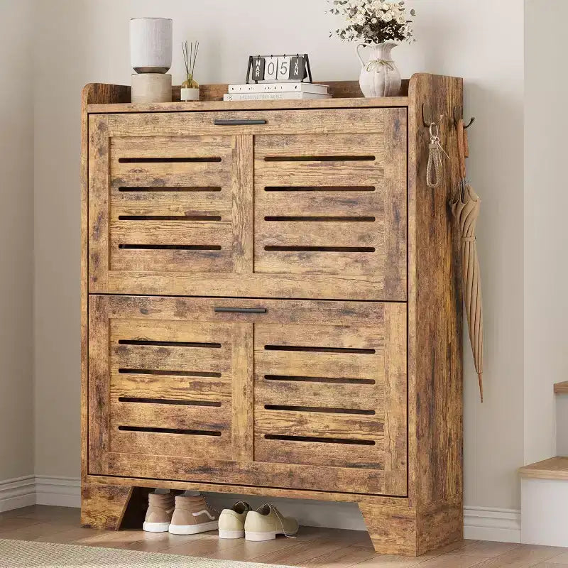 Acekool Farmhouse Slim Shoe Cabinet - 2 Flip Drawers & Hooks for Entryway, Louvered Rustic Brown Organizer Fits Narrow