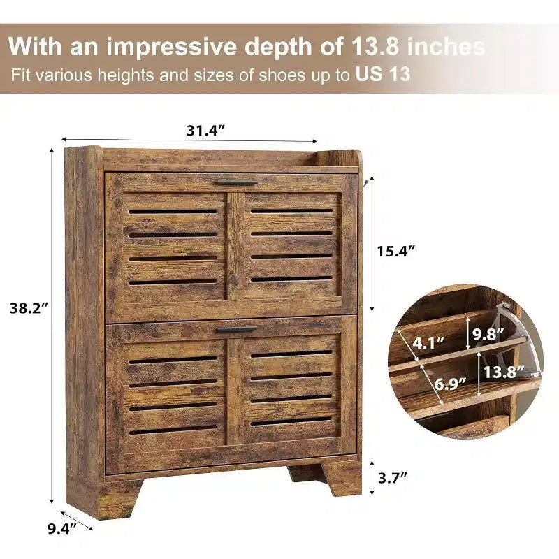 Farmhouse Slim Shoe Cabinet with 2 Flip Drawers and Hooks for Entryway