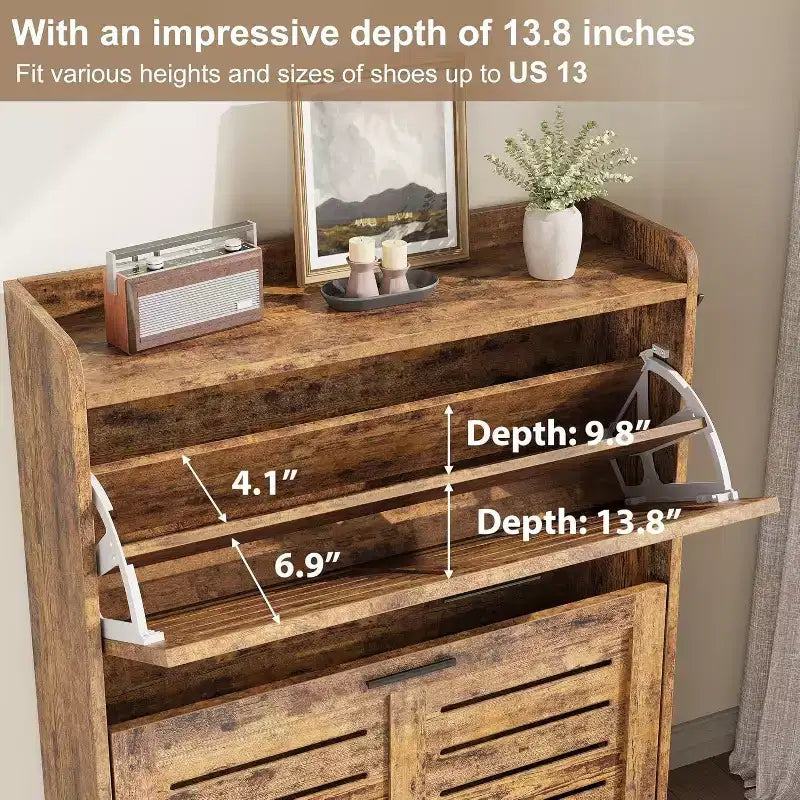 Farmhouse Slim Shoe Cabinet with 2 Flip Drawers and Hooks for Entryway