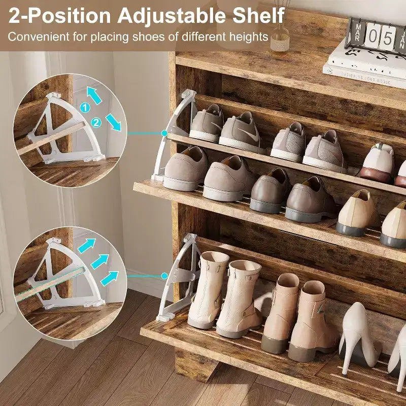 Farmhouse Slim Shoe Cabinet with 2 Flip Drawers and Hooks for Entryway