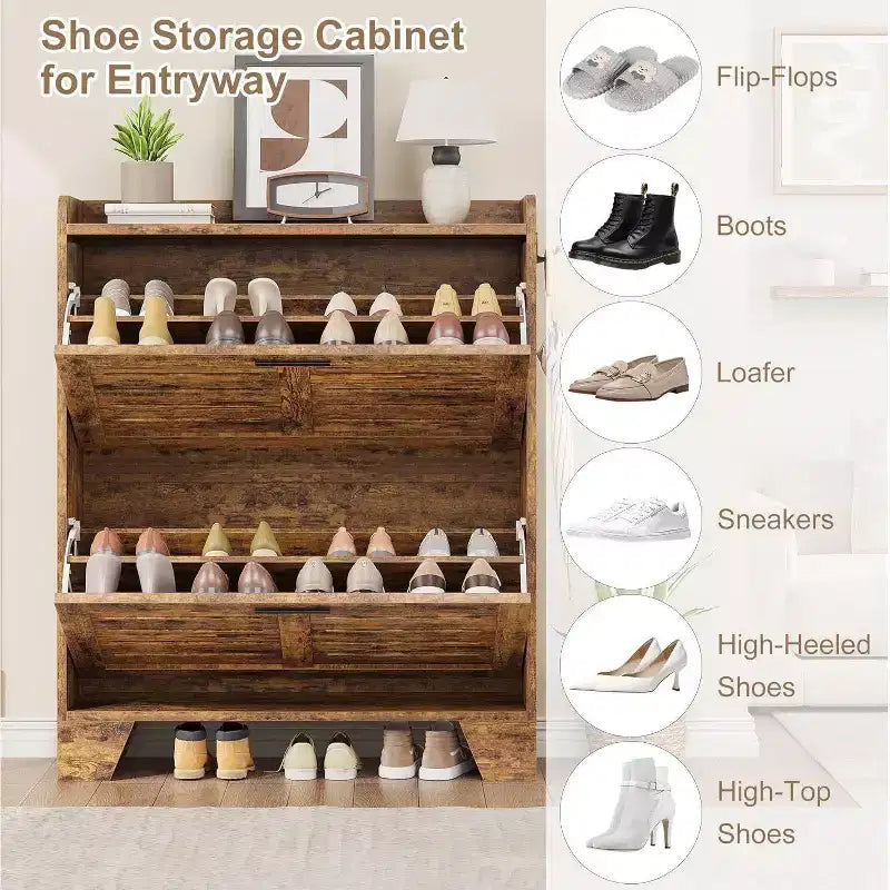 Farmhouse Slim Shoe Cabinet with 2 Flip Drawers and Hooks for Entryway