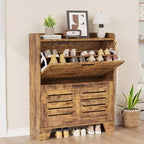 Farmhouse Slim Shoe Cabinet with 2 Flip Drawers and Hooks for Entryway