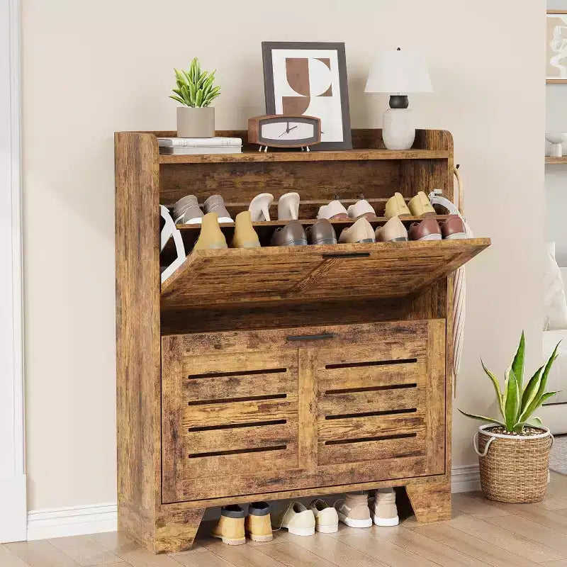 Farmhouse Slim Shoe Cabinet with 2 Flip Drawers and Hooks for Entryway