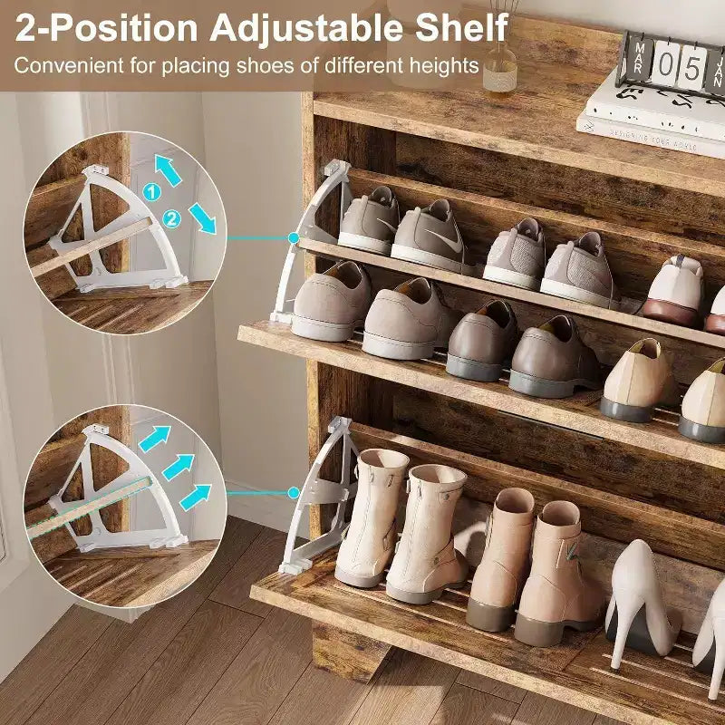 Farmhouse Slim Shoe Cabinet with 2 Flip Drawers and Hooks for Entryway