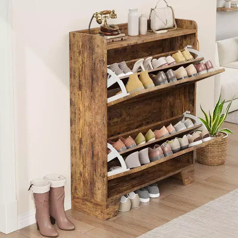 Farmhouse Slim Shoe Cabinet with 2 Flip Drawers and Hooks for Entryway
