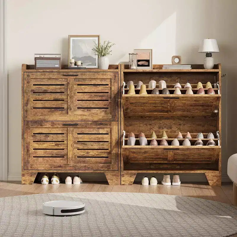 Farmhouse Slim Shoe Cabinet with 2 Flip Drawers and Hooks for Entryway