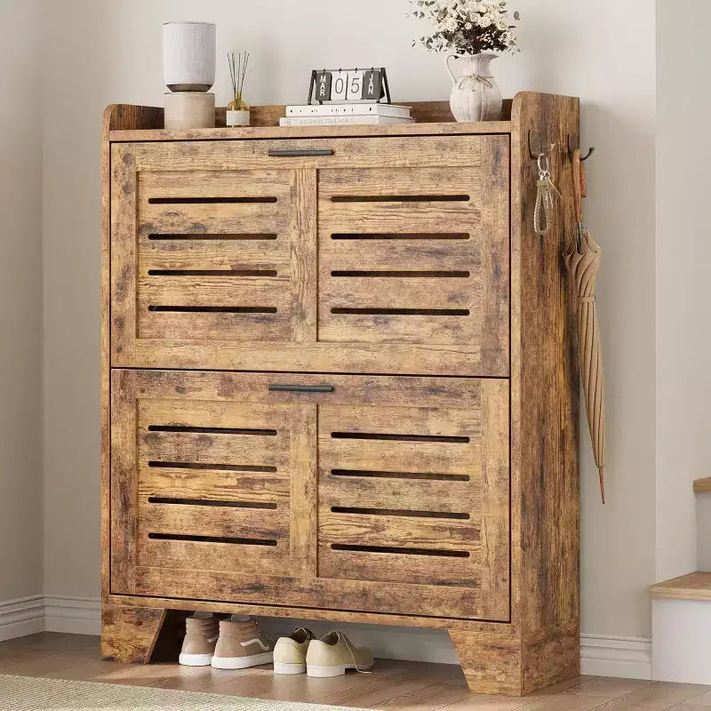 Farmhouse Slim Shoe Cabinet with 2 Flip Drawers and Hooks for Entryway