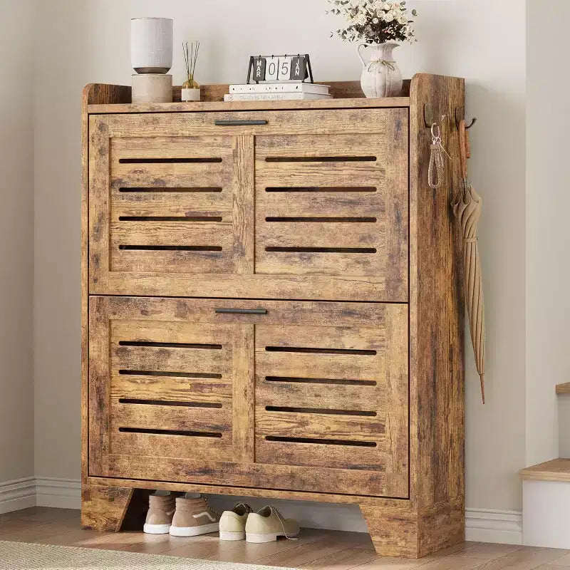 Farmhouse Slim Shoe Cabinet with 2 Flip Drawers and Hooks for Entryway