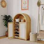 Acekool 31.5 Farmhouse Arched Shoe Cabinet with Rattan Doors, 5-Tier Wooden Shoe Rack Storage Organizer with Adjustable Shelves