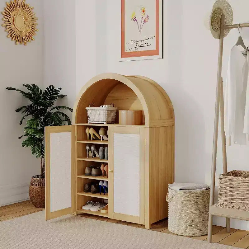 Acekool 31.5 Farmhouse Arched Shoe Cabinet with Rattan Doors, 5-Tier Wooden Shoe Rack Storage Organizer with Adjustable Shelves