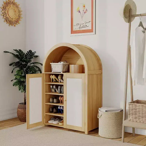 Acekool 31.5 Farmhouse Arched Shoe Cabinet with Rattan Doors, 5-Tier Wooden Shoe Rack Storage Organizer with Adjustable Shelves