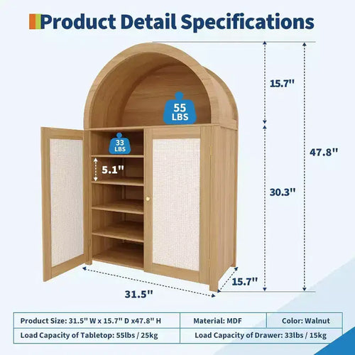 31.5" Farmhouse Arched Shoe Cabinet with Rattan Doors, 5-Tier Wooden Shoe Rack with Adjustable Shelves