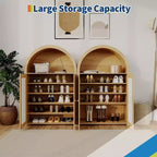 31.5" Farmhouse Arched Shoe Cabinet with Rattan Doors, 5-Tier Wooden Shoe Rack with Adjustable Shelves