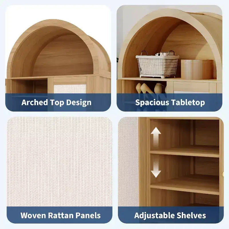 31.5" Farmhouse Arched Shoe Cabinet with Rattan Doors, 5-Tier Wooden Shoe Rack with Adjustable Shelves