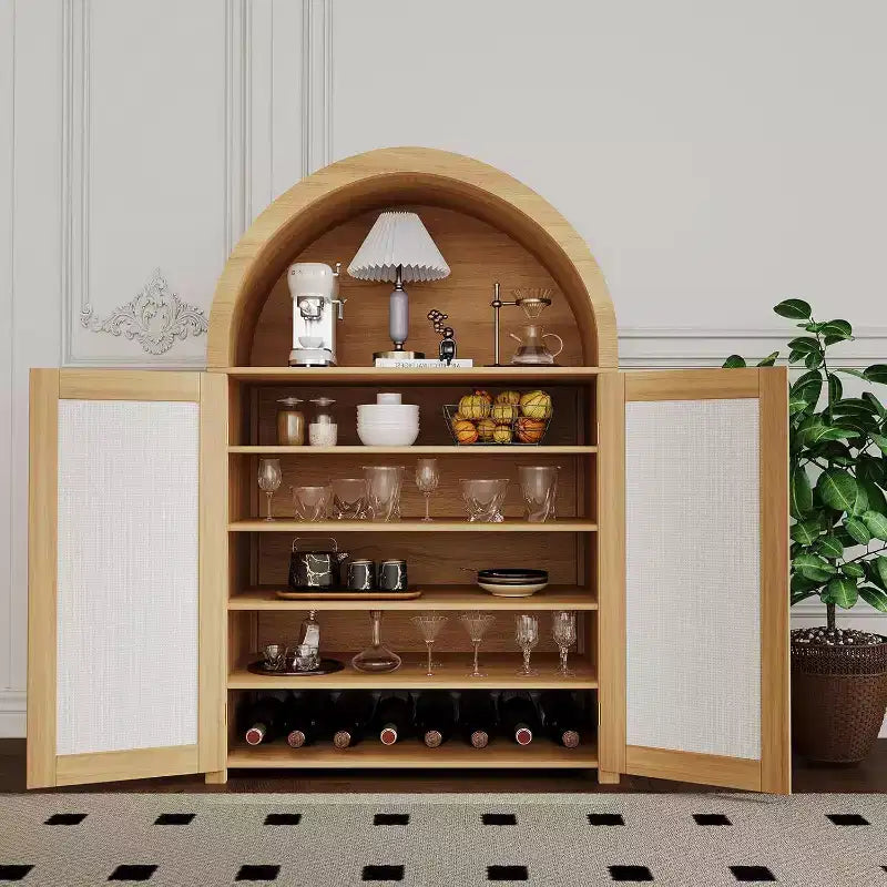 31.5" Farmhouse Arched Shoe Cabinet with Rattan Doors, 5-Tier Wooden Shoe Rack with Adjustable Shelves