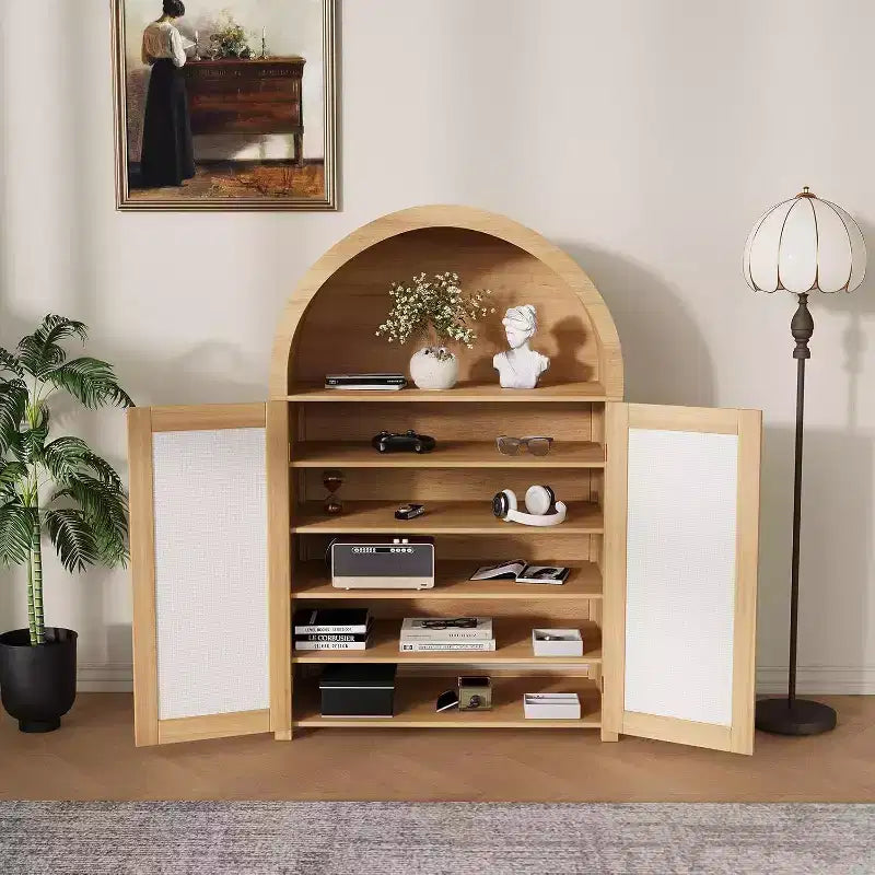 31.5" Farmhouse Arched Shoe Cabinet with Rattan Doors, 5-Tier Wooden Shoe Rack with Adjustable Shelves