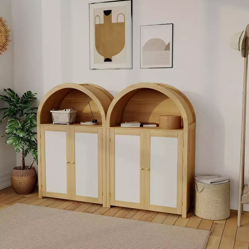 31.5" Farmhouse Arched Shoe Cabinet with Rattan Doors, 5-Tier Wooden Shoe Rack with Adjustable Shelves