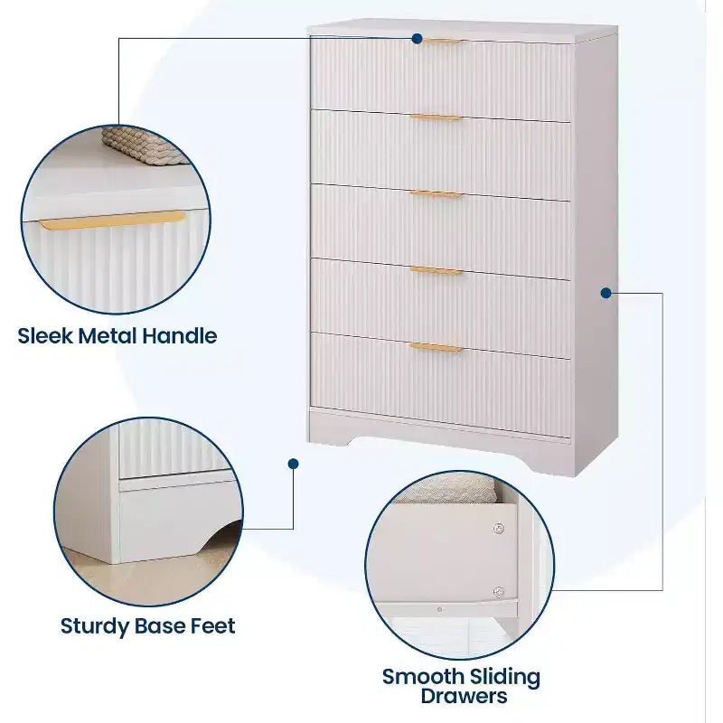 5-Drawer Fluted Dresser with Gold Handles