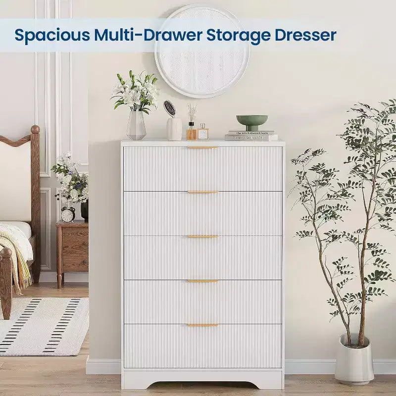 5-Drawer Fluted Dresser with Gold Handles