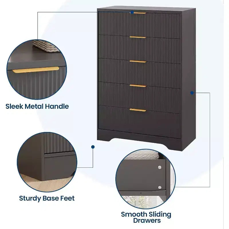 5-Drawer Fluted Dresser with Gold Handles