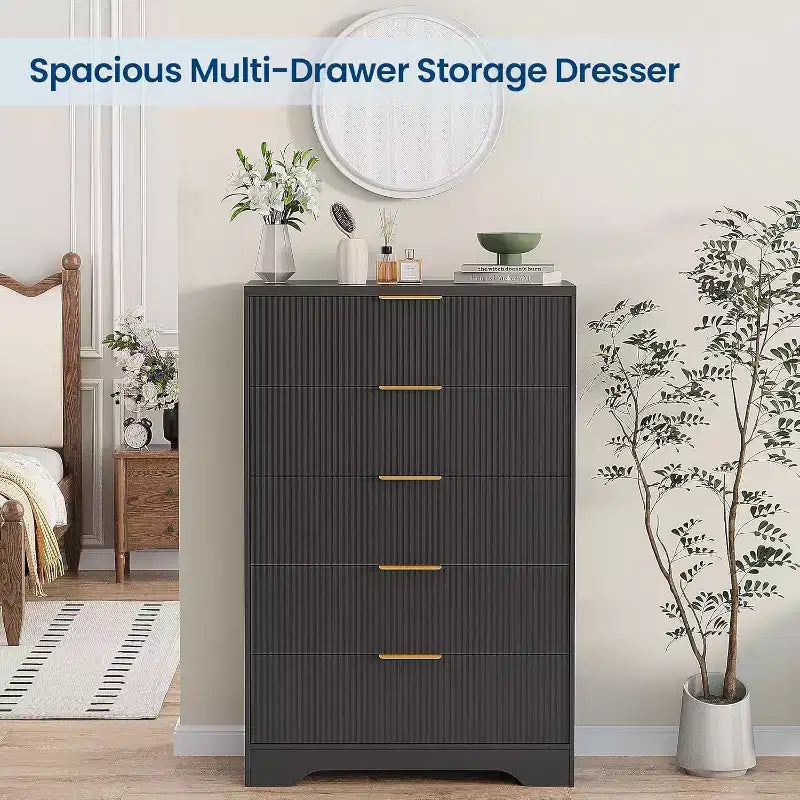 5-Drawer Fluted Dresser with Gold Handles