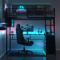 Twin Size Loft Bed with LED and Built-in Desk, Heavy Duty Metal Game Bedframe with 4 Storage Shelves for Adults Kids Teen
