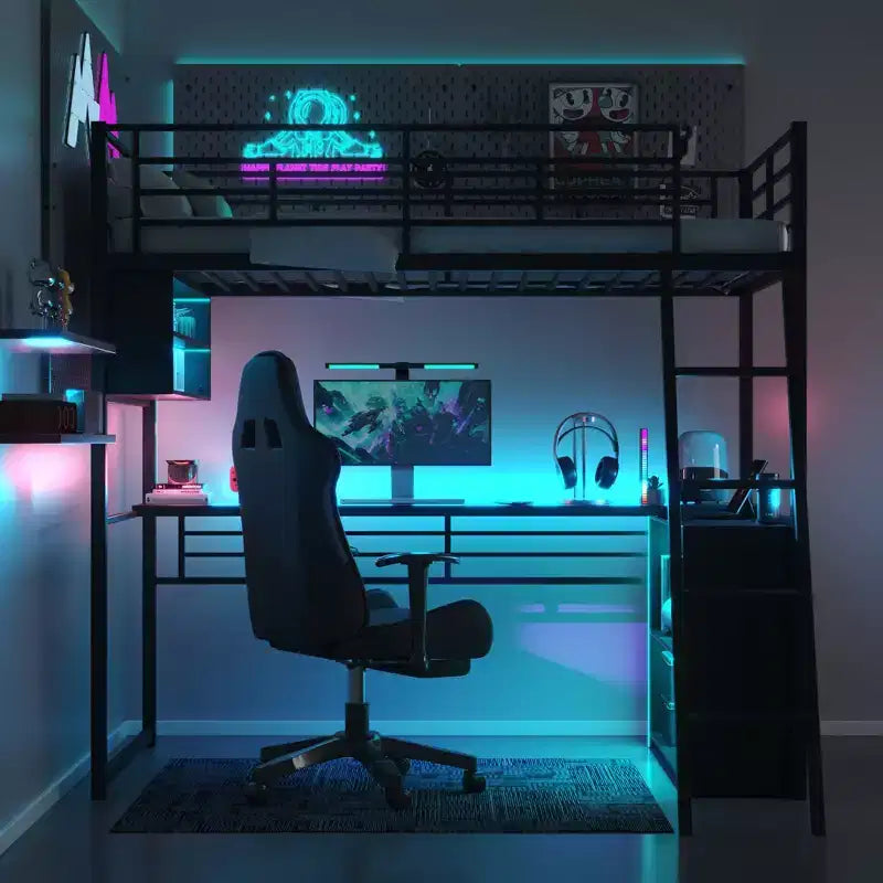 Twin Size Loft Bed with LED and Built-in Desk, Heavy Duty Metal Game Bedframe with 4 Storage Shelves for Adults Kids Teen