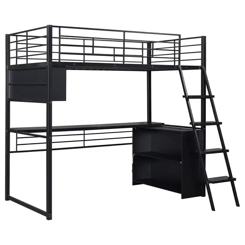 Twin Size Loft Bed with Built-in Desk and Storage Shelves