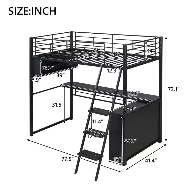 Twin Size Loft Bed with Built-in Desk and Storage Shelves
