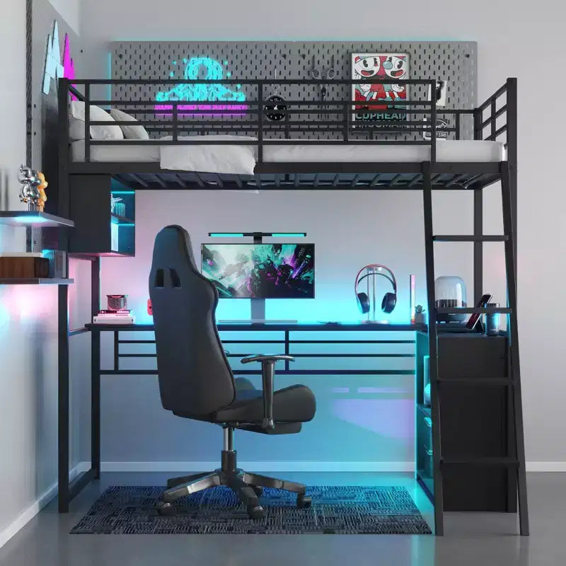Twin Size Loft Bed with Built-in Desk and Storage Shelves
