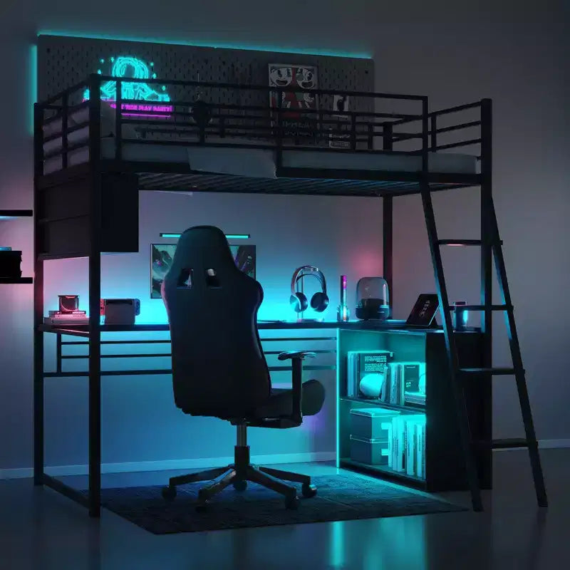 Twin Size Loft Bed with Built-in Desk and Storage Shelves