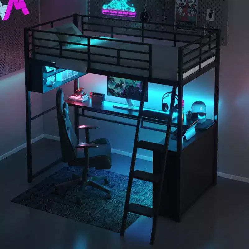 Twin Size Loft Bed with Built-in Desk and Storage Shelves