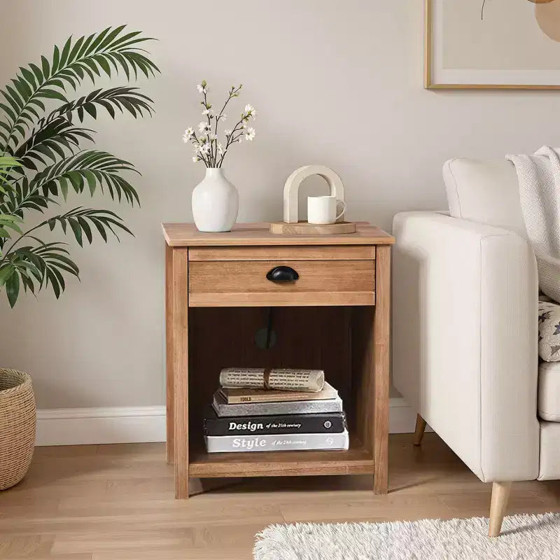 Beige MDF Nightstand with 1 Drawer and Lower Shelf