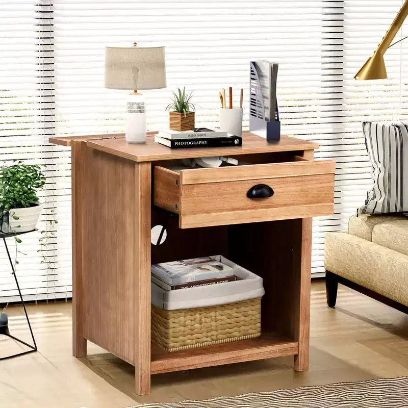 Beige MDF Nightstand with 1 Drawer and Lower Shelf