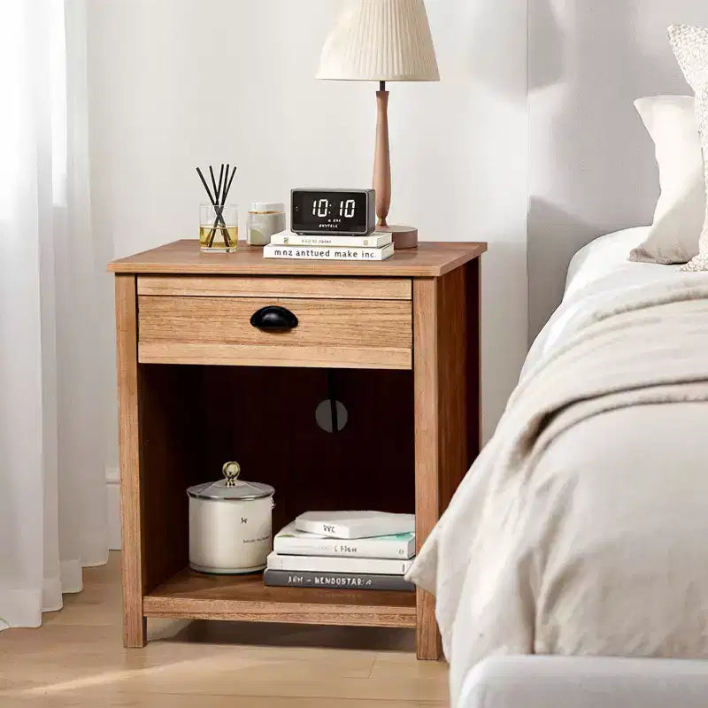 Beige MDF Nightstand with 1 Drawer and Lower Shelf