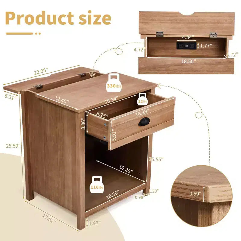 Beige MDF Nightstand with 1 Drawer and Lower Shelf