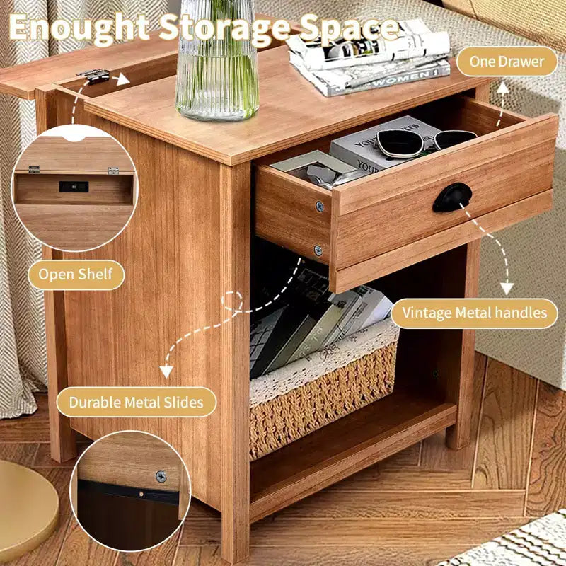 Beige MDF Nightstand with 1 Drawer and Lower Shelf